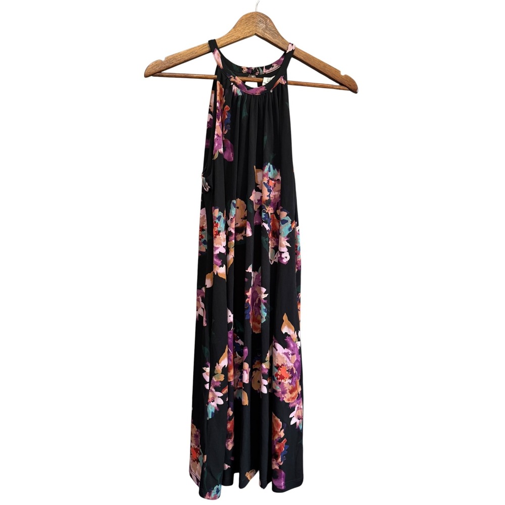 Rachel Zoe Floral Halter Dress Women XS Black Purple Excellent Pockets Keyhole